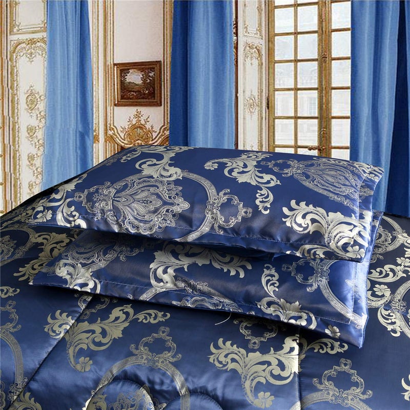 Raytrue-X Comforter Set Satin Silk Blanket All Season Bed Luxury Royal Blue Jacquard Quilt Bedding Sets Matching 2 Pillow Shams (Full/Queen, 88x88 inches, 3 Pieces) - Image 5