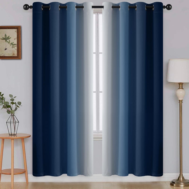 SimpleHome Ombre Room Darkening Curtains for Living Room Light Blocking Gradient Blue to Greyish White Thermal Insulated Grommet Window CurtainsDrapes for Bedroom 2 Panels 52x72 inches Length