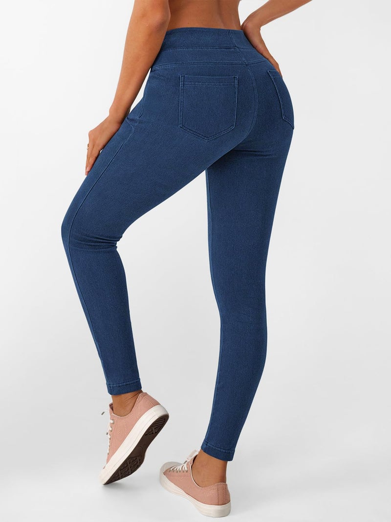 LILLUSORY Womens Jeggings High Waisted Stretch Jeans Skinny Tummy Control Denim Leggings with Pockets Trendy Pants Dark Blue L - Image 5
