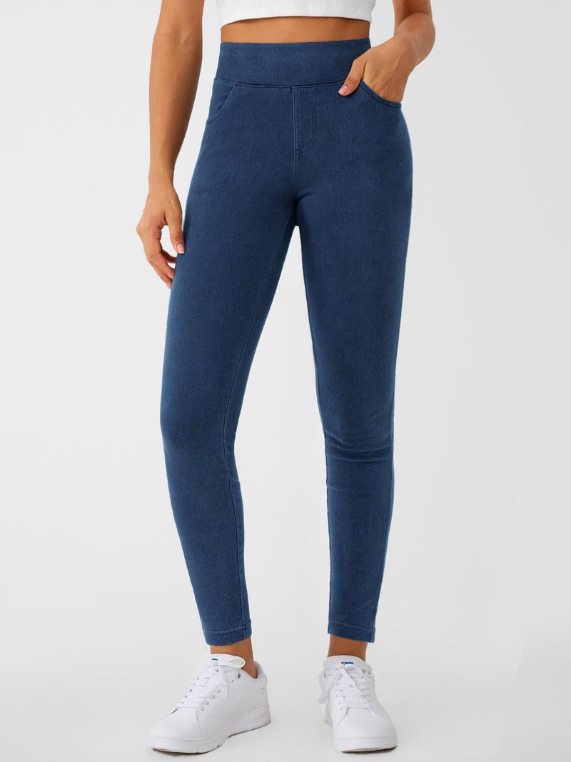 LILLUSORY Womens Jeggings High Waisted Stretch Jeans Skinny Tummy Control Denim Leggings with Pockets Trendy Pants Dark Blue L - Image 2