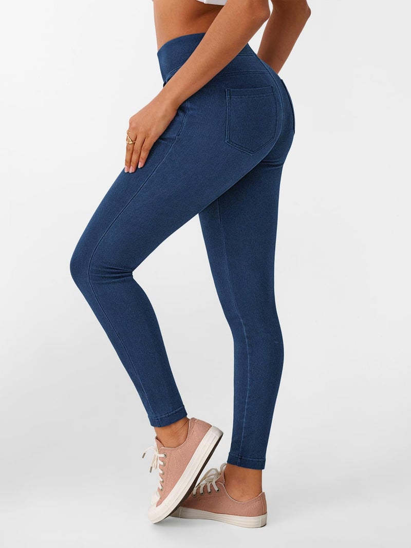 LILLUSORY Womens Jeggings High Waisted Stretch Jeans Skinny Tummy Control Denim Leggings with Pockets Trendy Pants Dark Blue L - Image 4
