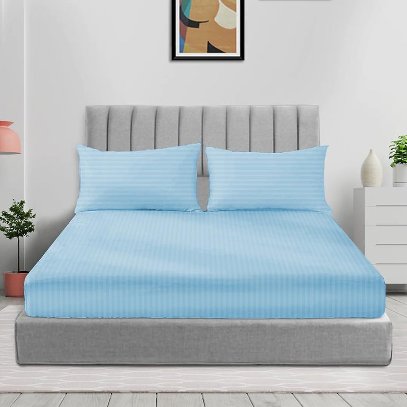 سليب ويل مجموعة شرشف سرير مرن من الألياف الدقيقة مخطط من مع كيسي وسادة - 180x200+17 سم (أزرق سماوي) - Image 1
