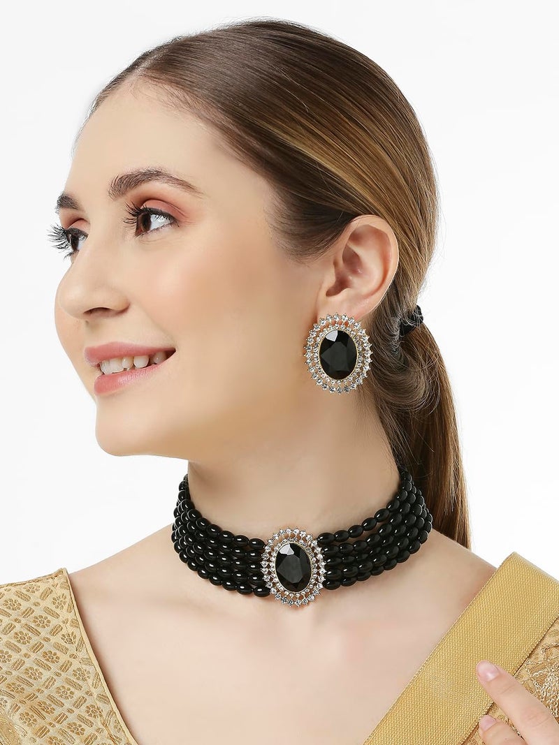 Oomph! طقم قلادة تشوكر عرقية متعددة الطبقات من الخرز الأسود مع أقراط دراسات للنساء والفتيات أنيقة وحديثة - Image 3