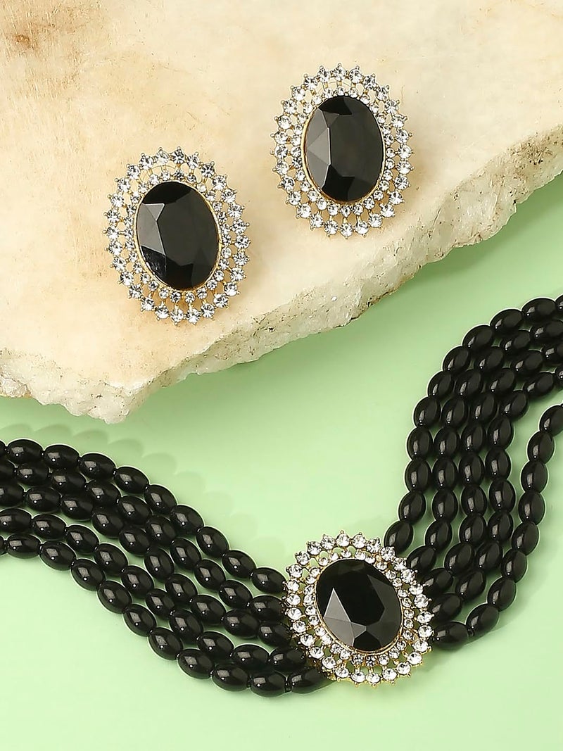 Oomph! طقم قلادة تشوكر عرقية متعددة الطبقات من الخرز الأسود مع أقراط دراسات للنساء والفتيات أنيقة وحديثة - Image 4