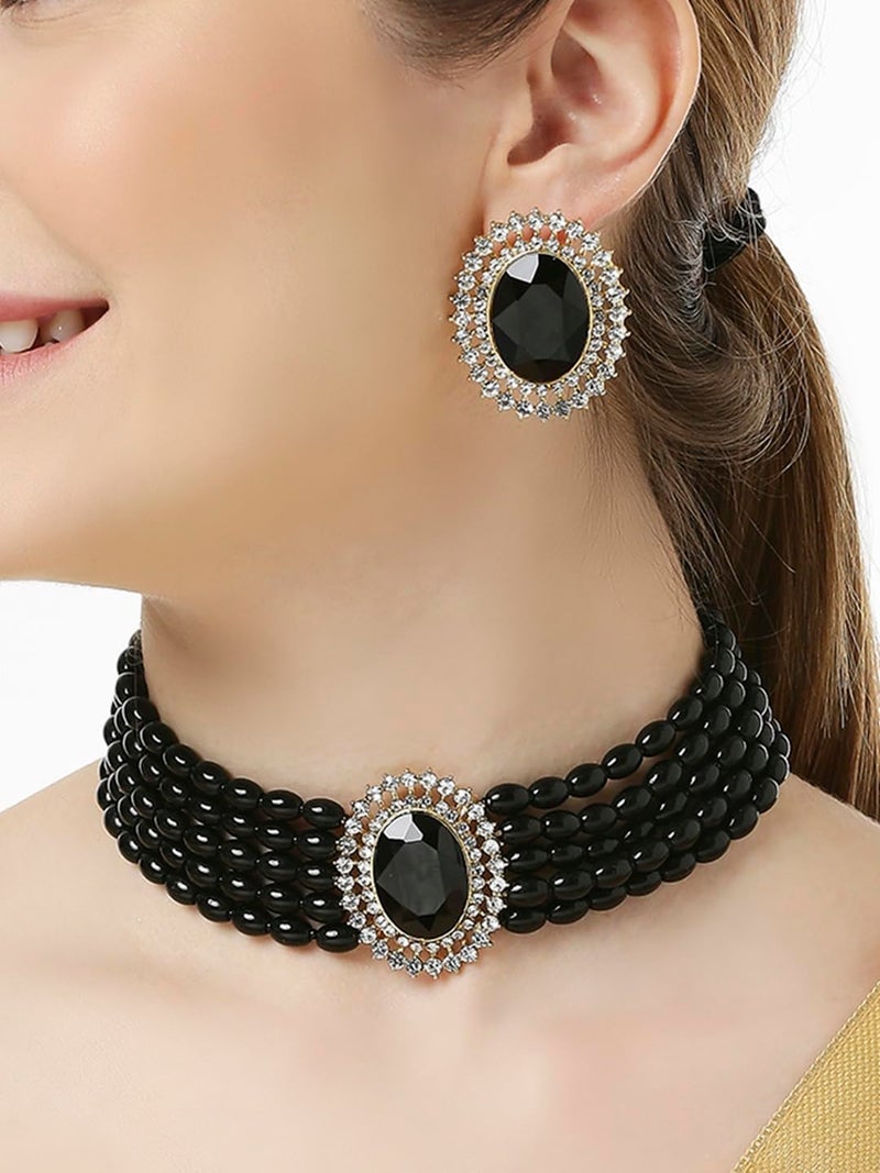 Oomph! طقم قلادة تشوكر عرقية متعددة الطبقات من الخرز الأسود مع أقراط دراسات للنساء والفتيات أنيقة وحديثة - Image 2