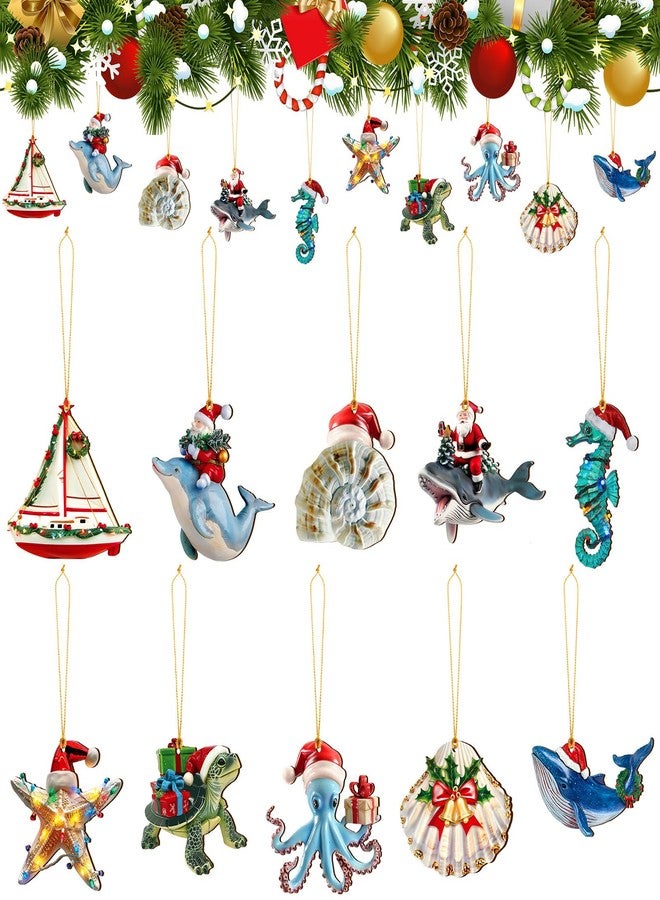 Vercraft 20 Pcs Sea Animal Coastal Christmas Ornament with Santa Hat Flat Wooden Beach Cutouts Sea Creature Tree Ornaments with Rope Seahorse Turtle Octopus Hanging Tree Decor for Holiday Xmas - Image 1