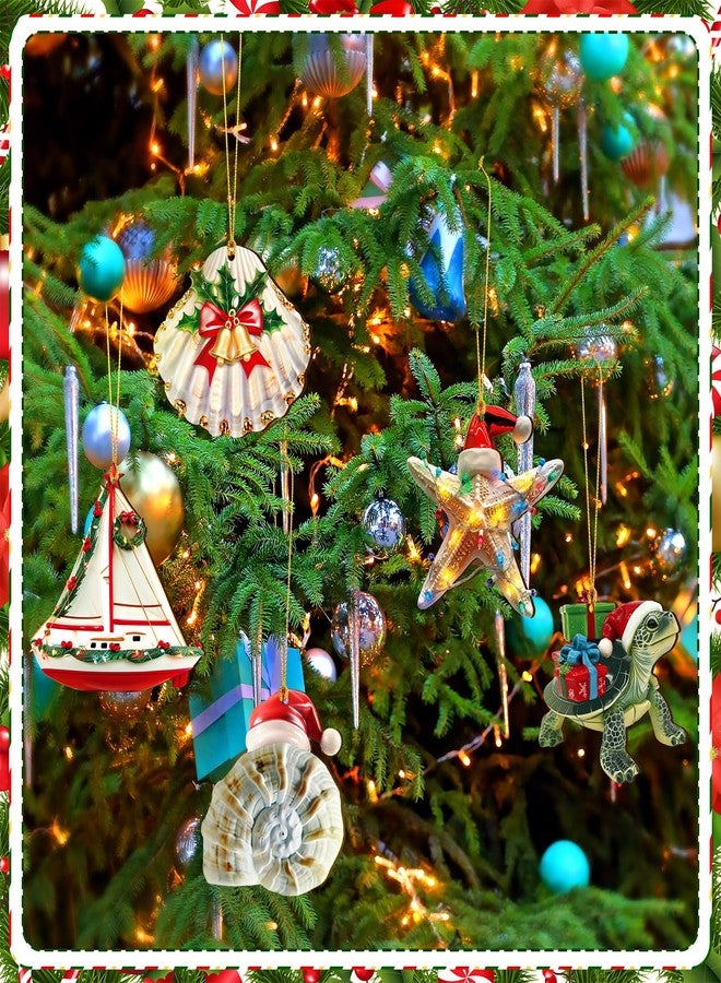 Vercraft 20 Pcs Sea Animal Coastal Christmas Ornament with Santa Hat Flat Wooden Beach Cutouts Sea Creature Tree Ornaments with Rope Seahorse Turtle Octopus Hanging Tree Decor for Holiday Xmas - Image 4