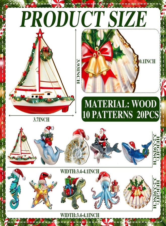 Vercraft 20 Pcs Sea Animal Coastal Christmas Ornament with Santa Hat Flat Wooden Beach Cutouts Sea Creature Tree Ornaments with Rope Seahorse Turtle Octopus Hanging Tree Decor for Holiday Xmas - Image 2