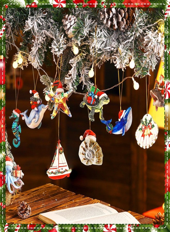 Vercraft 20 Pcs Sea Animal Coastal Christmas Ornament with Santa Hat Flat Wooden Beach Cutouts Sea Creature Tree Ornaments with Rope Seahorse Turtle Octopus Hanging Tree Decor for Holiday Xmas - Image 3