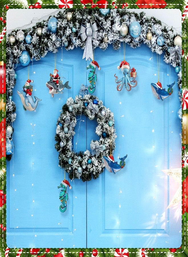 Vercraft 20 Pcs Sea Animal Coastal Christmas Ornament with Santa Hat Flat Wooden Beach Cutouts Sea Creature Tree Ornaments with Rope Seahorse Turtle Octopus Hanging Tree Decor for Holiday Xmas - Image 5