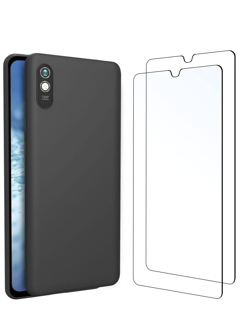 Raxoom Ultra Thin Silicone Case for Xiaomi Redmi 9A â€“ Black + 2-Pack Tempered Glass Screen Protector, Anti-Scratch, Full Protection for Redmi 9A - Image 1