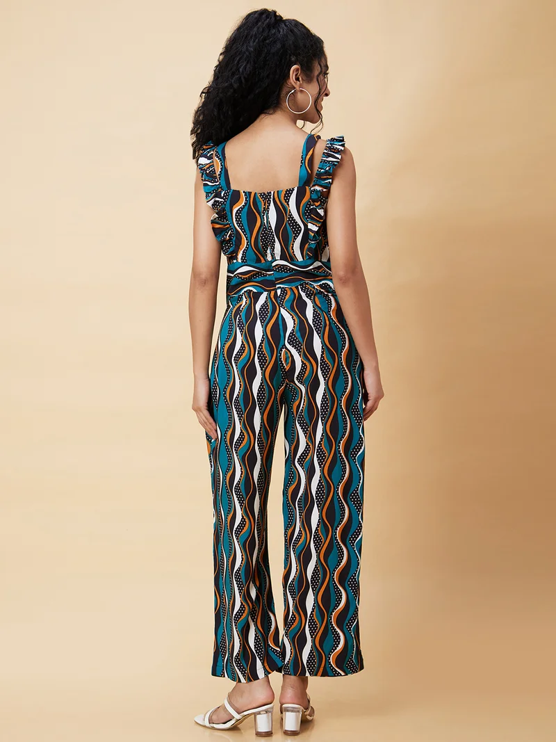 globus Women Blue Printed Square Neck Basic Jumpsuit