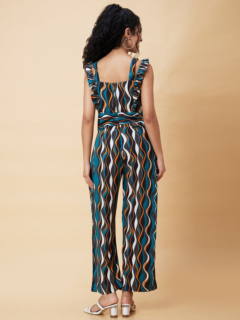globus Globus Women Blue Printed Square Neck Basic Jumpsuit - Image 4