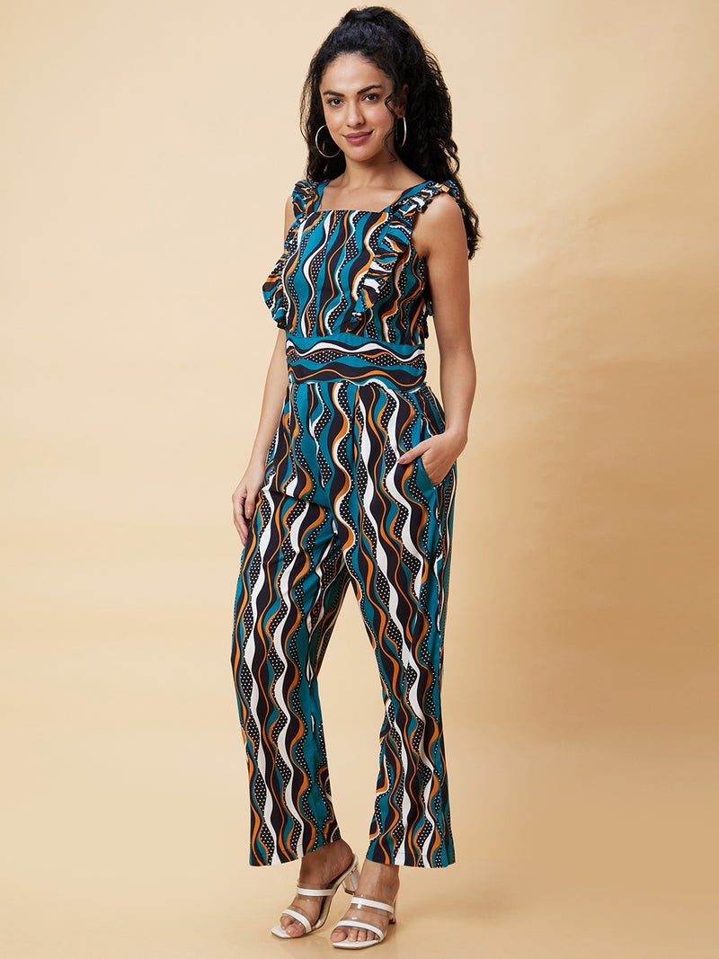 globus Globus Women Blue Printed Square Neck Basic Jumpsuit - Image 3
