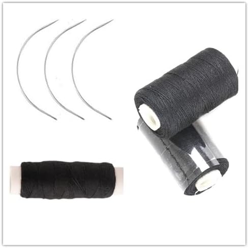Funyn 3 Rolls Hair Weaving Thread Cotton Sewing Thread Making Wig Clips in Hair Extension Hair Salon Weft Thick Thread with 3 Curved Needles Black