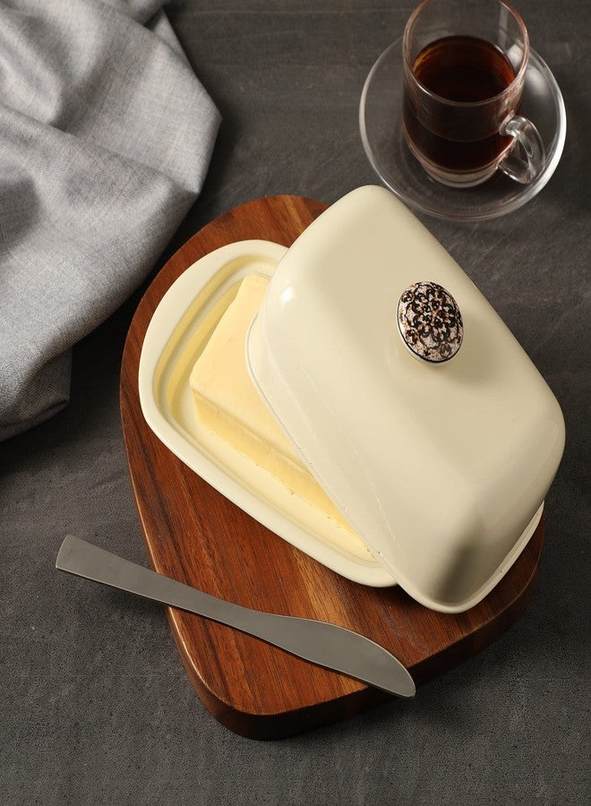 Dudki Stainless Steel Butter Dish Storage Box Organizer with Ceramic Knob Design , (500 Gram) (Ivory Colour) - Image 1