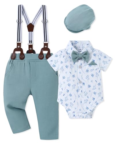 WESIDOM Baby Boy Clothes Suit 0-24M Infant Gentleman Wedding Outfit, Shirt+Bowtie+Beret+Suspender Pants Clothing Set - Image 1