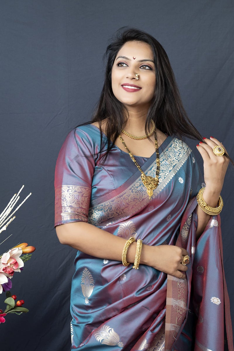 AMIRAT Women's Banarasi Silk Pure Golden Zari Woven With Blouse Piece (Teal) - Image 3