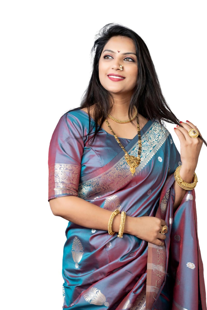 AMIRAT Women's Banarasi Silk Pure Golden Zari Woven With Blouse Piece (Teal) - Image 1