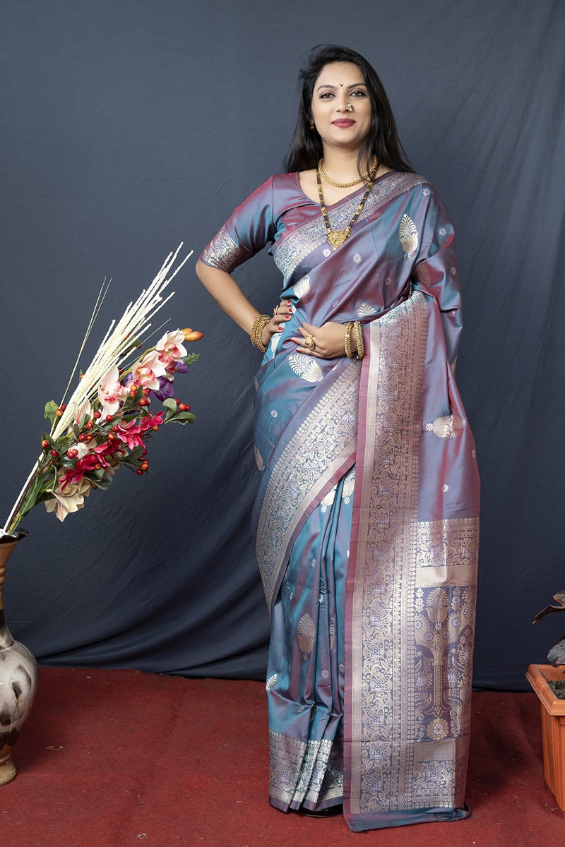 AMIRAT Women's Banarasi Silk Pure Golden Zari Woven With Blouse Piece (Teal) - Image 2