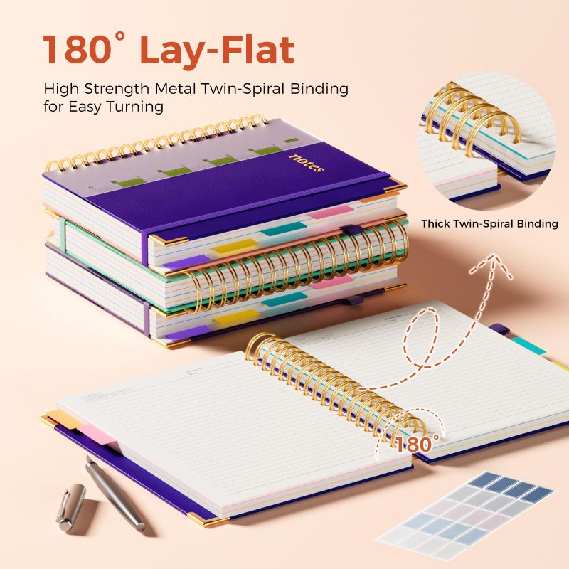 XYark Line Hardcover Spiral Notebook with Removable Dividers Tabs & Ruler, 5 Subject Notebook College Ruled, 300 Page, Large 8"x10" B5 Notebooks for Work School, Lined Journal for Women & Men, Purple - Image 3