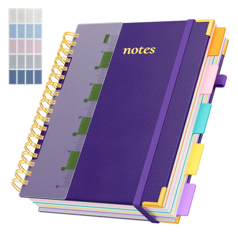 XYark Line Hardcover Spiral Notebook with Removable Dividers Tabs & Ruler, 5 Subject Notebook College Ruled, 300 Page, Large 8"x10" B5 Notebooks for Work School, Lined Journal for Women & Men, Purple - Image 1