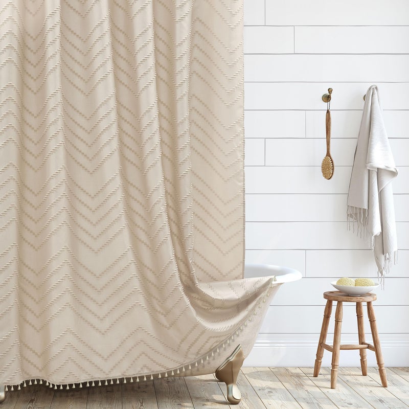 Siiluminisoy Extra Long Boho Shower Curtain Woven Fabric 84 in Beige Shower Curtain 72 x 84 Tufted Chevron Striped Modern Chic Textured Minimalist Bathroom
