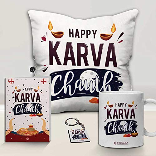 Jhingalala Jhingalala Happy Karwa Chauth Printed Cushion Mug Key Chain Greeting Card Combo Gift Pack Karwachauth Gift for Wife Karwa Chauth Gifts for Women Gift for Karwachauth Gift for Wife - Image 1