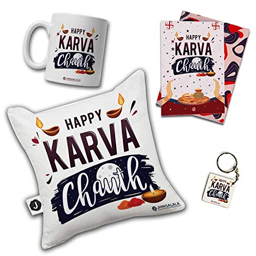Jhingalala Jhingalala Happy Karwa Chauth Printed Cushion Mug Key Chain Greeting Card Combo Gift Pack Karwachauth Gift for Wife Karwa Chauth Gifts for Women Gift for Karwachauth Gift for Wife - Image 2