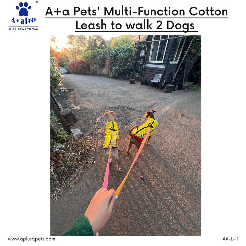 A+a Pets ’ Multi-Function Cotton Leash to Walk 2 Dogs | Long, Short, Hands Free, Traffic, Running, Walking | Adjustable, Soft Comfortable (White & Mango) - Image 5