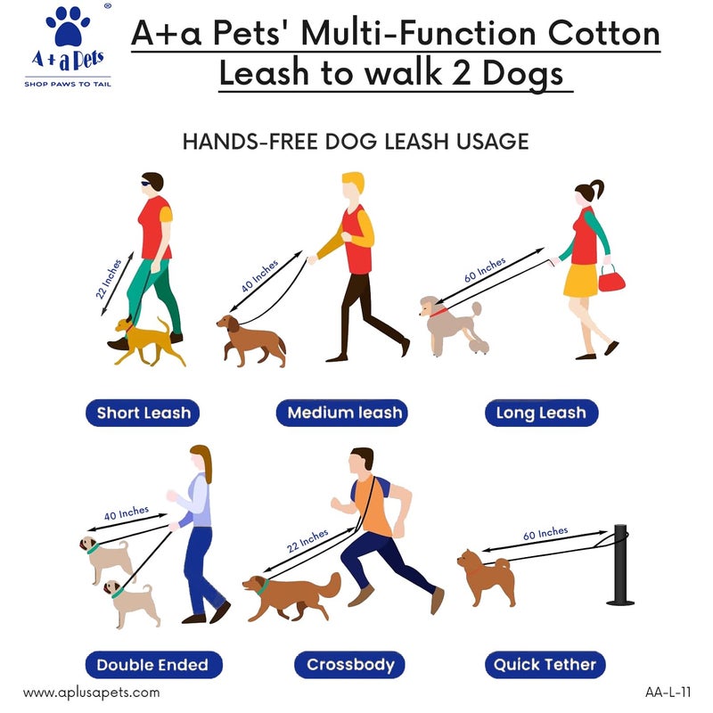 A+a Pets ’ Multi-Function Cotton Leash to Walk 2 Dogs | Long, Short, Hands Free, Traffic, Running, Walking | Adjustable, Soft Comfortable (White & Mango) - Image 4
