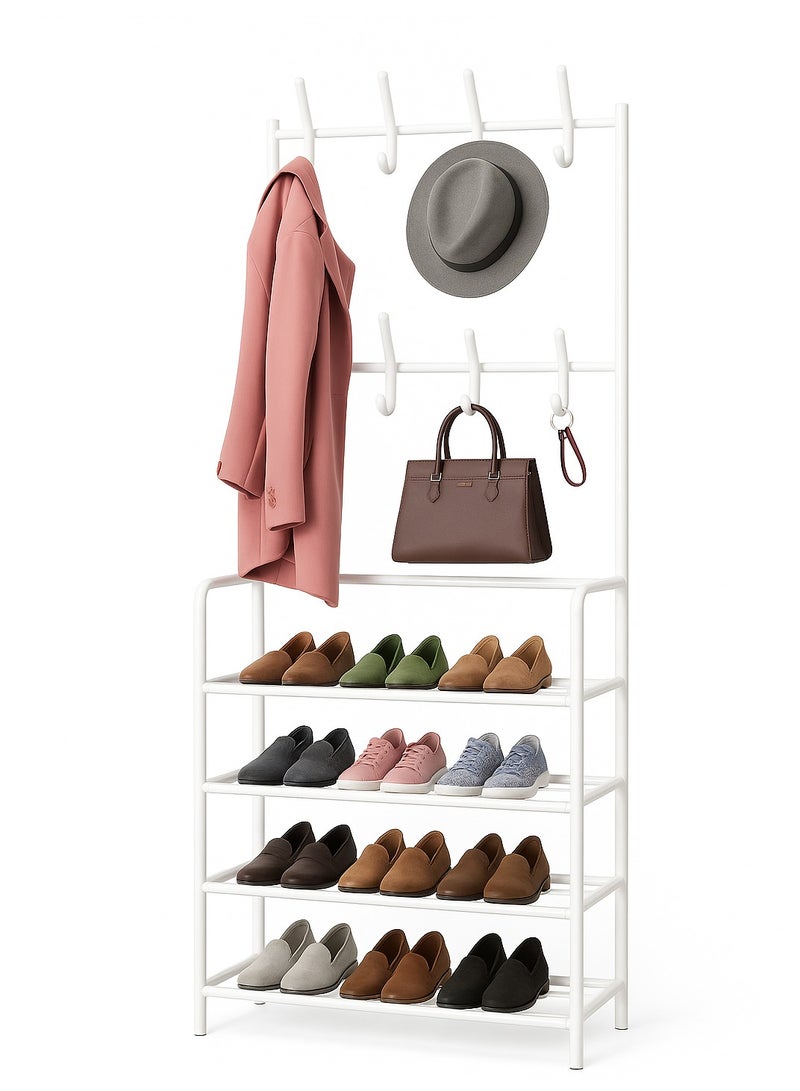 A stand with shelves and a hook for a coat, hat, clothes, bags, umbrellas, or scarves. Metal, white, 5-tier, lower shelves for storing shoes. An organizer used at the entrance to the house, in the office, bedroom, corridor, balcony, or university dormitory. Portable and can be easily disassembled and installed when you want to change its location. Space-saving design. The stand design is modern and fits most modern home decor. The stand frame is metal, economical and practical. Easy to install and easy to move or disassemble.  - Image 4