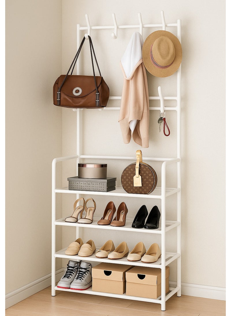 A stand with shelves and a hook for a coat, hat, clothes, bags, umbrellas, or scarves. Metal, white, 5-tier, lower shelves for storing shoes. An organizer used at the entrance to the house, in the office, bedroom, corridor, balcony, or university dormitory. Portable and can be easily disassembled and installed when you want to change its location. Space-saving design. The stand design is modern and fits most modern home decor. The stand frame is metal, economical and practical. Easy to install and easy to move or disassemble.  - Image 1