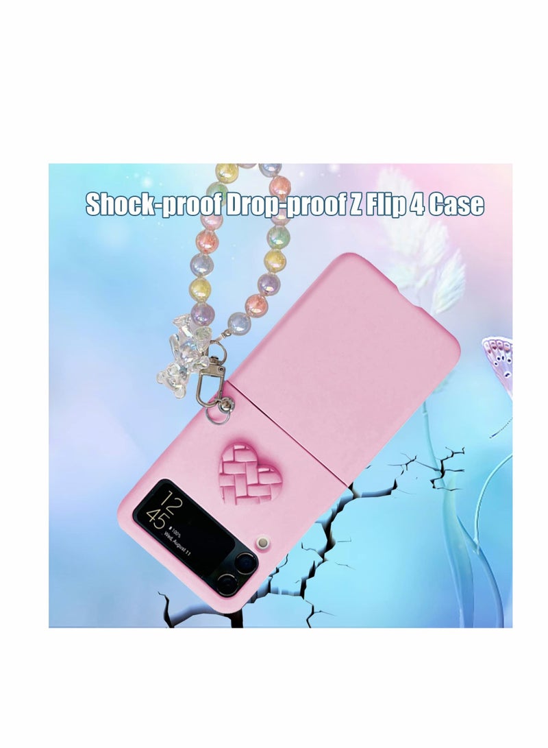 KASTWAVE Case for Samsung Z Flip 4 with Strap, Case with Wrist Strap, Fit for Hard PC Z Flip 4 Phone Case with Heart Bear Anti-Scratch Anti-Fingerprint Protective Case for Samsung Galaxy Z Flip 4 - Pink - Image 3