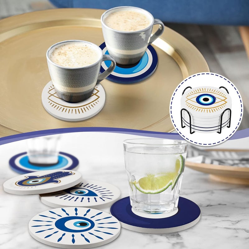 Zubebe Set of 6 Ceramic Evil Eye Coasters with Coaster Holder Evil Eye Blue Coasters for Drinks Round Absorbent Cup Mat with Cork Base for Home Table Decor Desk Kitchen Accessories, 4 Inch - Image 5