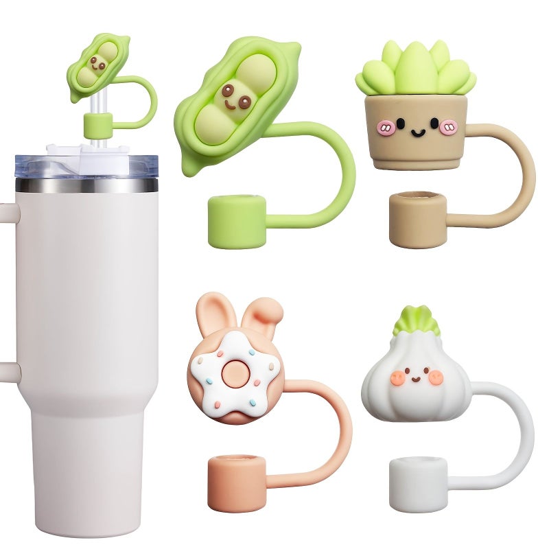 4pcs Reusable Animal Plant Straw Tips Dustproof Cup Covers Decorative - Image 1