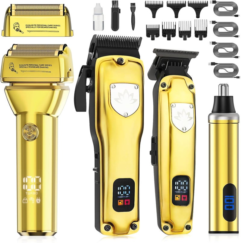 4in1 Hair Clippers for Men Professional Cordless Barber Hair Cutting Kit TBlade Trimmer Electric Foil Shaver Nose Hair Trimmer LCD Display Grooming Gift Set Gold