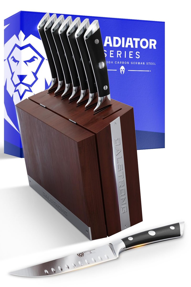 Dalstrong Steak Knife Set - 8 Piece - 5 inch Straight Edge Blade - Gladiator Series Elite - Forged High-Carbon German Steel Dinner Kitchen Knife - Black G10 Handle - Folding Block Set - NSF Certified - Image 1