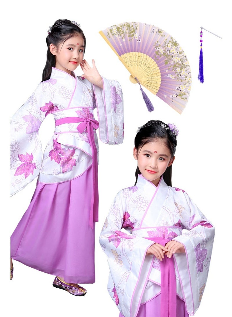 Traditional Chinese Hanfu Dress Set with Fan and Tassel, Purple  and White Maple leaves Pattern, Cultural Costume with Accessories - Image 1