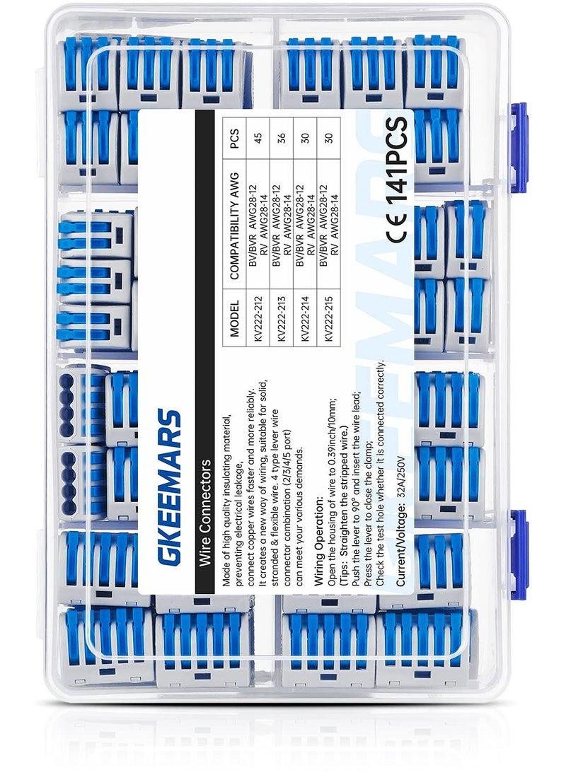 KASTWAVE - 141Pcs Lever Wire Connectors, Compact Splicing Conductor Connector for Solid Stranded Flexible Wires 28-12 AWG Blue - Image 1