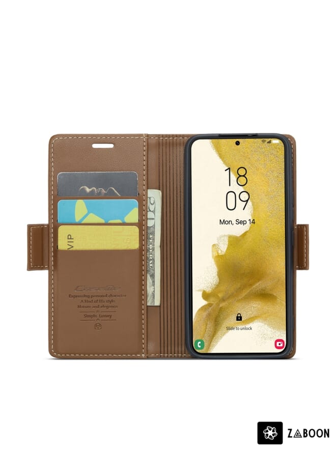 Green Tiger For Samsung Galaxy S22+ 5G CaseMe 023 Butterfly Buckle Litchi Texture RFID Anti-theft Leather Phone Case(Brown) - Image 4