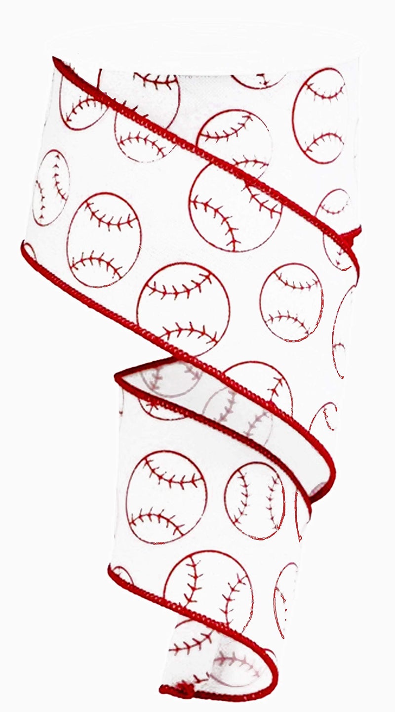 Baseball Wired Ribbon White with Red Stitches 25 inch x 10 Yards