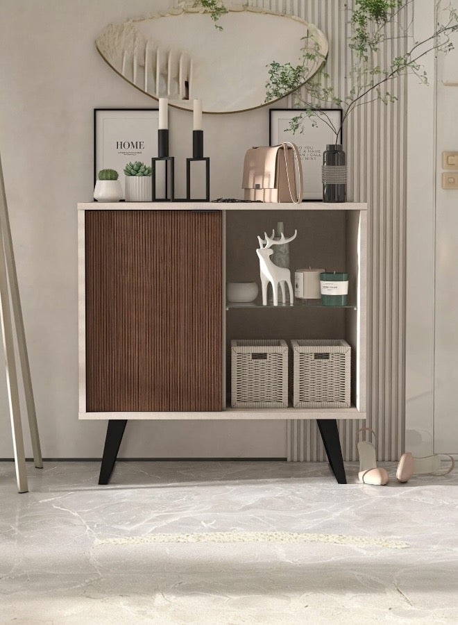 Beit Yusr Modern Storage Cabinet with Wooden Door & Glass Shelf – Versatile Elegant Console Design - Image 2