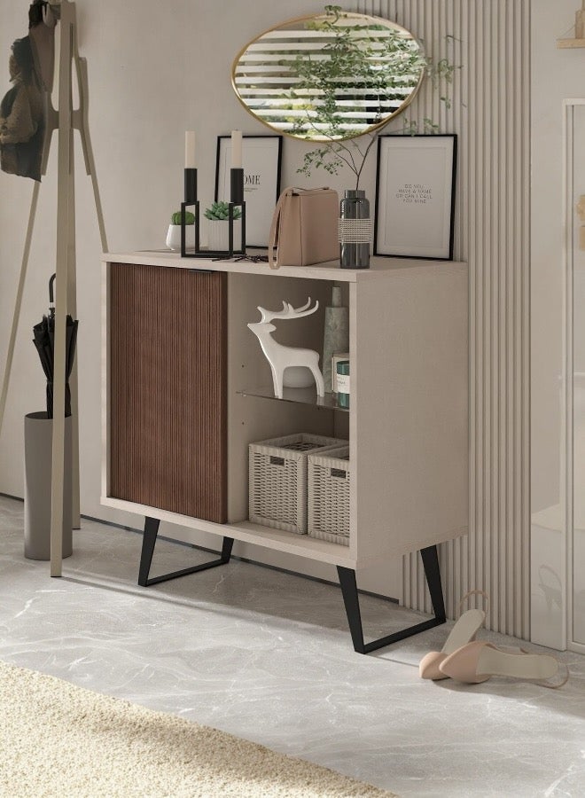 Beit Yusr Modern Storage Cabinet with Wooden Door & Glass Shelf – Versatile Elegant Console Design - Image 1
