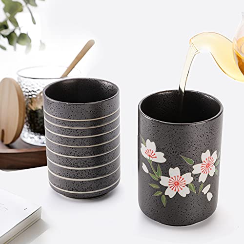 Hedume Set of 2 Japanese Tea Cups, 10oz Ceramic Teacup Mug, Japanese Cherry Blossoms and Line Design Ceramic Tea Cups Set for Green Tea, Matcha Tea, Bancha - Image 2