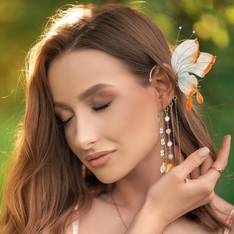 FRESHME Butterfly Elf Ear Cuffs - Fairy Ear Cuffs with Tassel Non Pierced Mermaid Ears for Women Renaissance Accessories (Orange Red) - Image 2