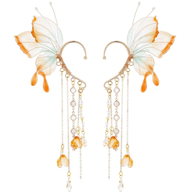 FRESHME Butterfly Elf Ear Cuffs - Fairy Ear Cuffs with Tassel Non Pierced Mermaid Ears for Women Renaissance Accessories (Orange Red) - Image 1