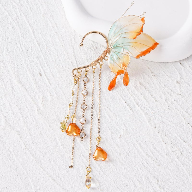 FRESHME Butterfly Elf Ear Cuffs - Fairy Ear Cuffs with Tassel Non Pierced Mermaid Ears for Women Renaissance Accessories (Orange Red) - Image 4