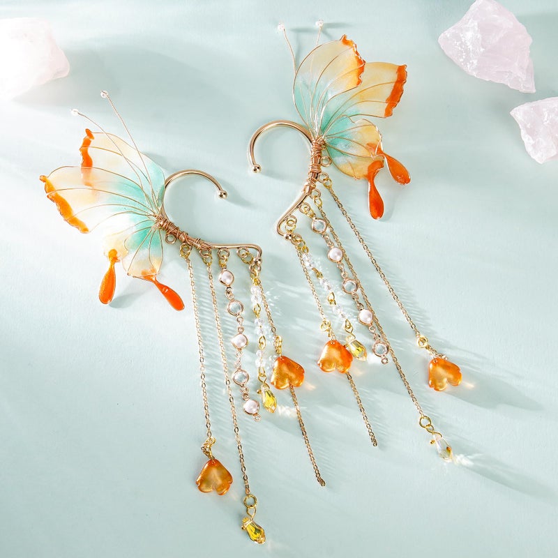 FRESHME Butterfly Elf Ear Cuffs - Fairy Ear Cuffs with Tassel Non Pierced Mermaid Ears for Women Renaissance Accessories (Orange Red) - Image 3