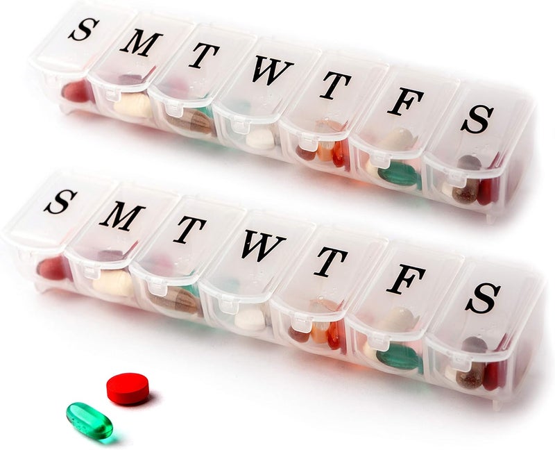 Deke Home Pack of 2 - Pill Organizer Box Case, 7 Daily Container compartments, Weekly dosis Boxes, Medicine Holder, Ideal for Medication, Vitamin, Supplement, Perfect for Travel, Ideal for Purse BS0090J